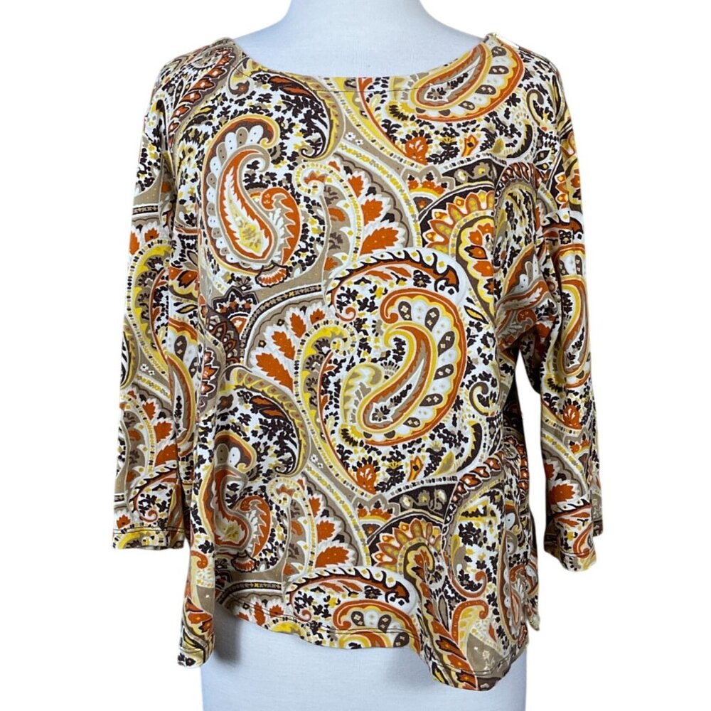 Jones New York Signature Woman 3/4 Sleeve Brown Paisley Pullover Shoulder Zip 2X